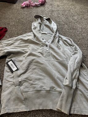 Zenana Outfitters Light Gray Hooded Henley Pullover